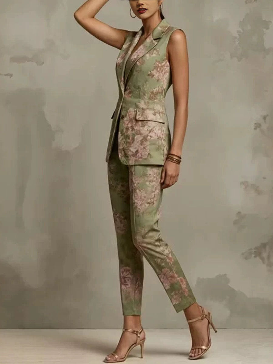 Women's Elegant Floral Sleeveless Blazer And Pants Two-piece Set