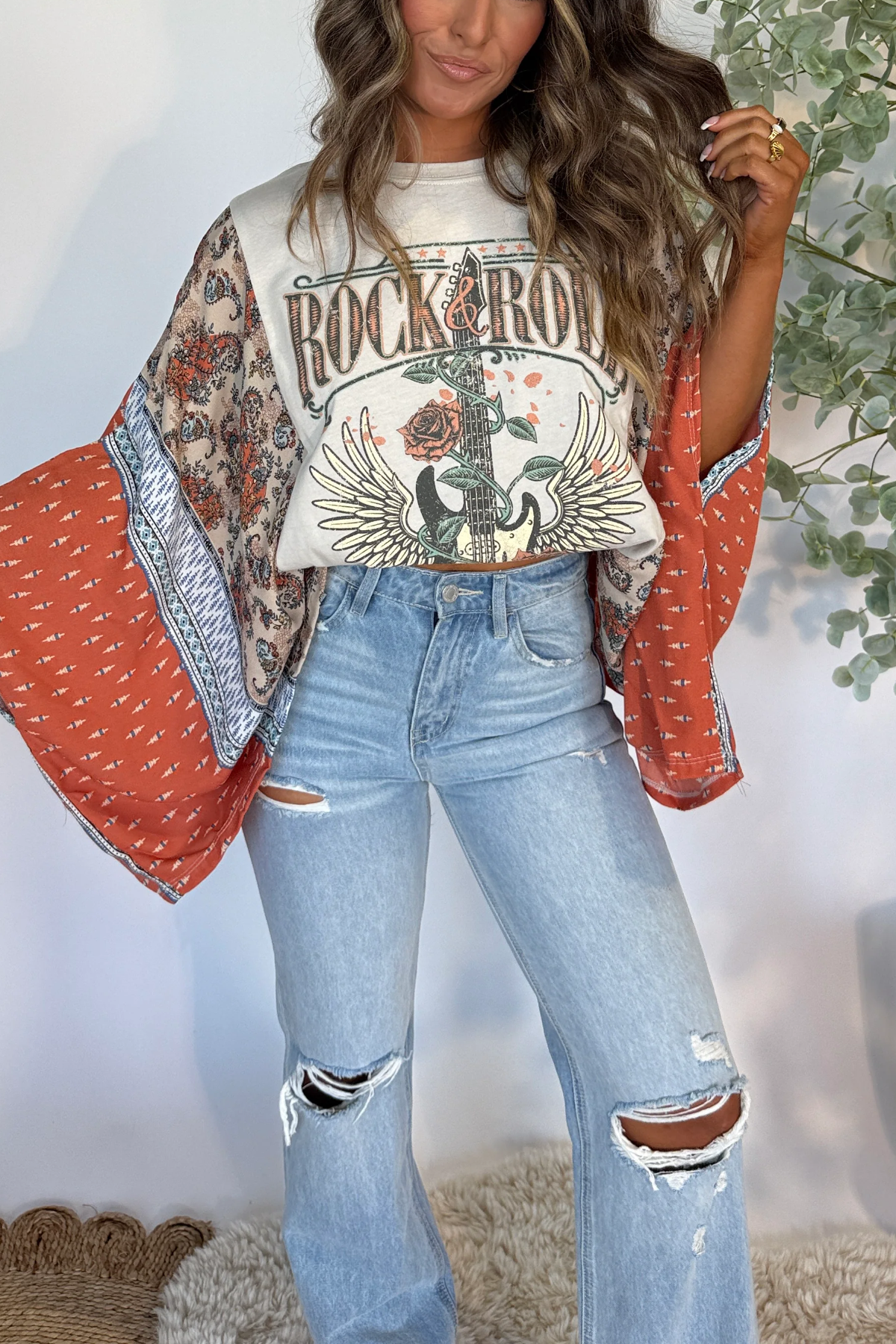 Rock N Roll Vintage Kimono Tee Rust
