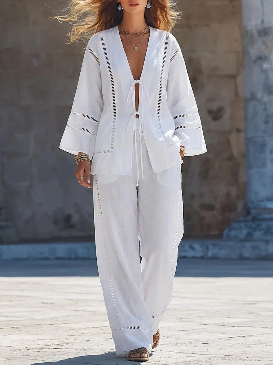 Cotton And Linen Hollow-out Tie-up Vacation Style Set