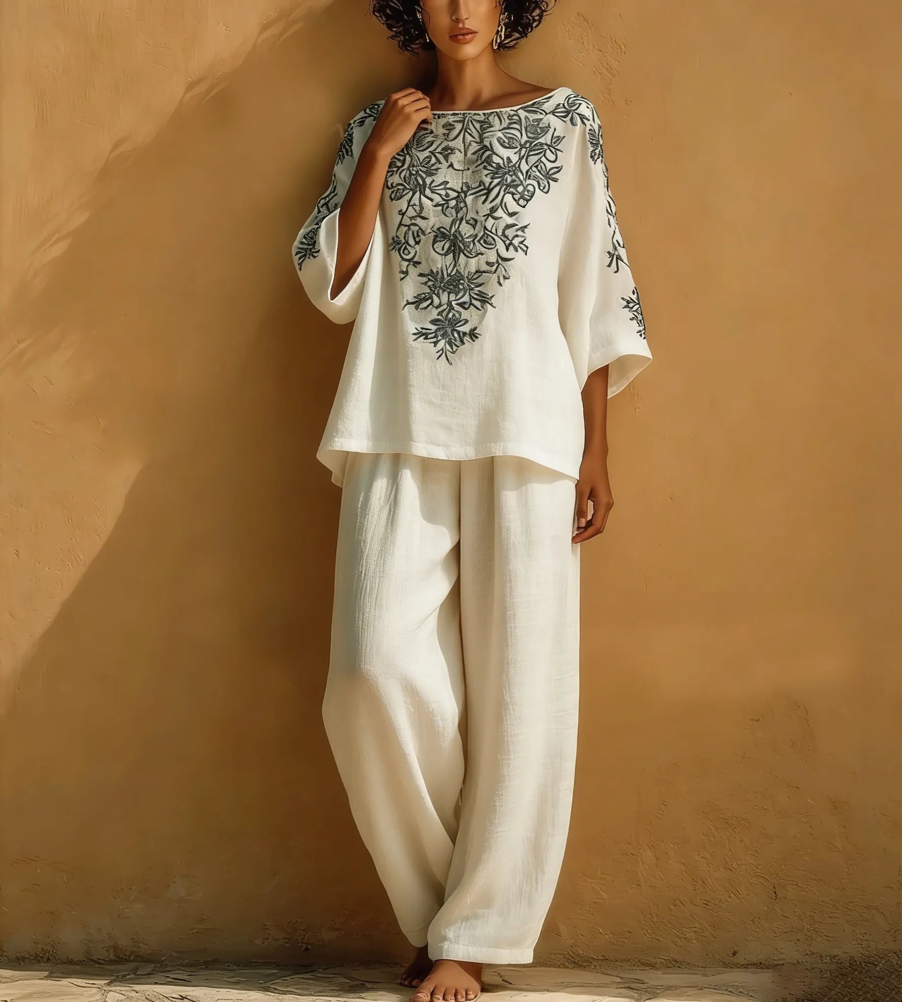 Vintage Floral Print Loose Cotton And Linen Two-piece Set
