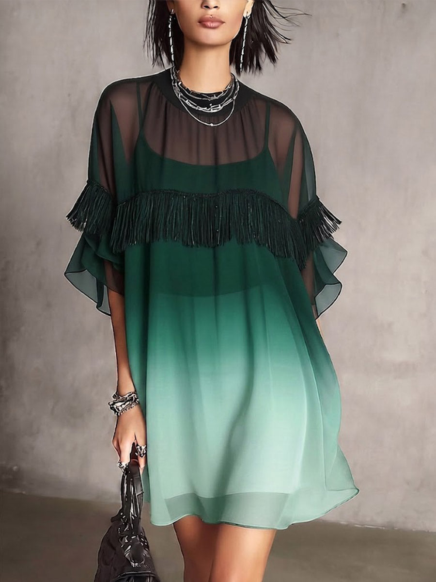 Women's Round-neck 3/4-sleeve Casual Loose-fit Gradient Chiffon Two-piece Dress