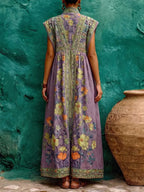 Women's Casual Loose Cotton-linen Dress With Placement Print Stand Collar And Sleeveless Design