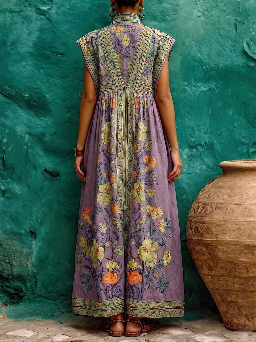 Women's Casual Loose Cotton-linen Dress With Placement Print Stand Collar And Sleeveless Design