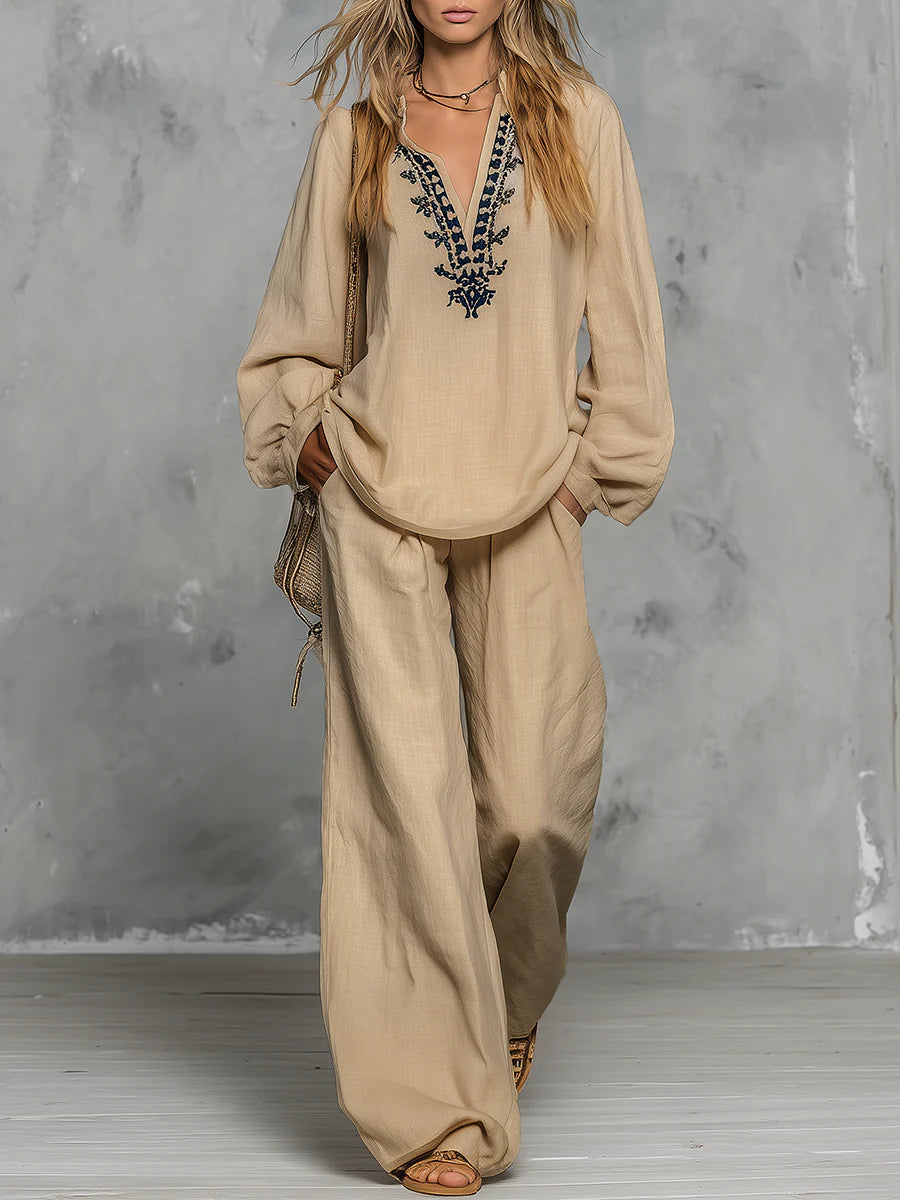 Casual Linen And Cotton Shirt And Trousers Two-piece Set
