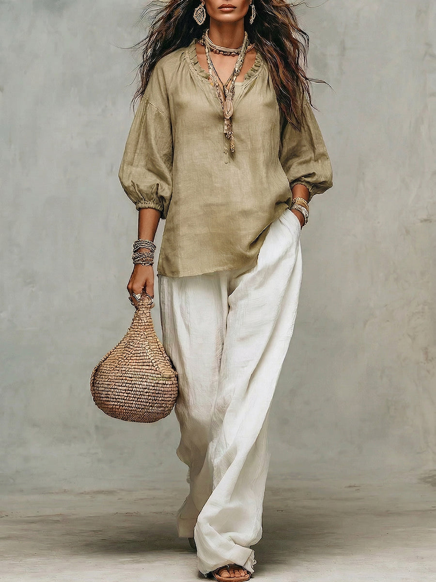 Retro Ruffled Puff-sleeve Cotton-linen Two-piece Set