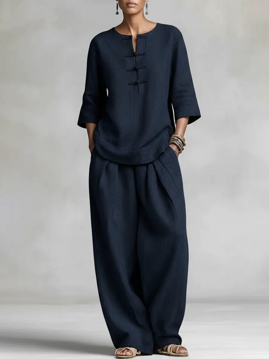 Women's Casual Minimalist Striped Ethnic Style Cotton-linen Set