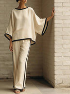 Elegant Trimmed Edge Loose Batwing Sleeve Cotton Linen Two-piece Set