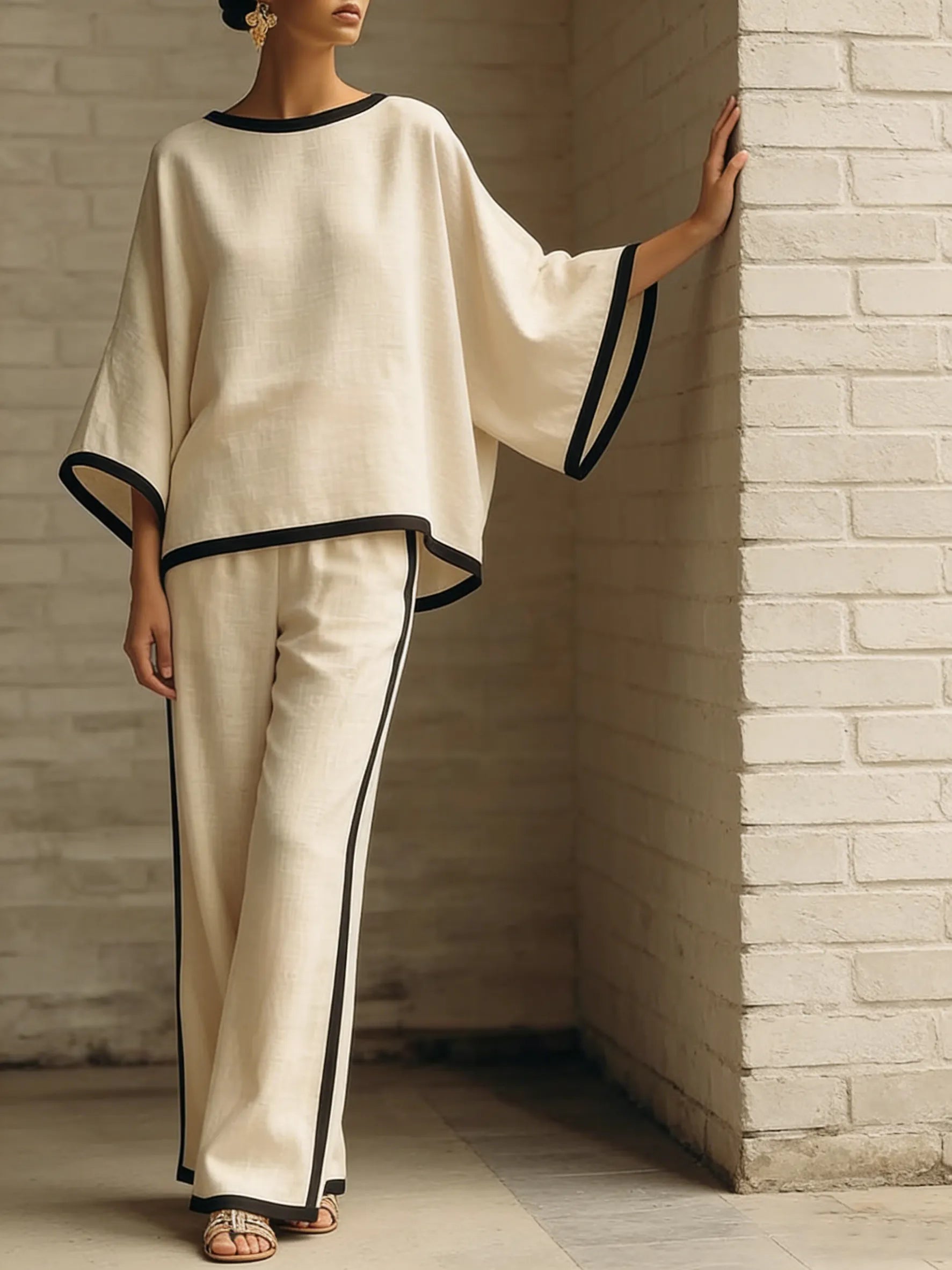 Elegant Trimmed Edge Loose Batwing Sleeve Cotton Linen Two-piece Set