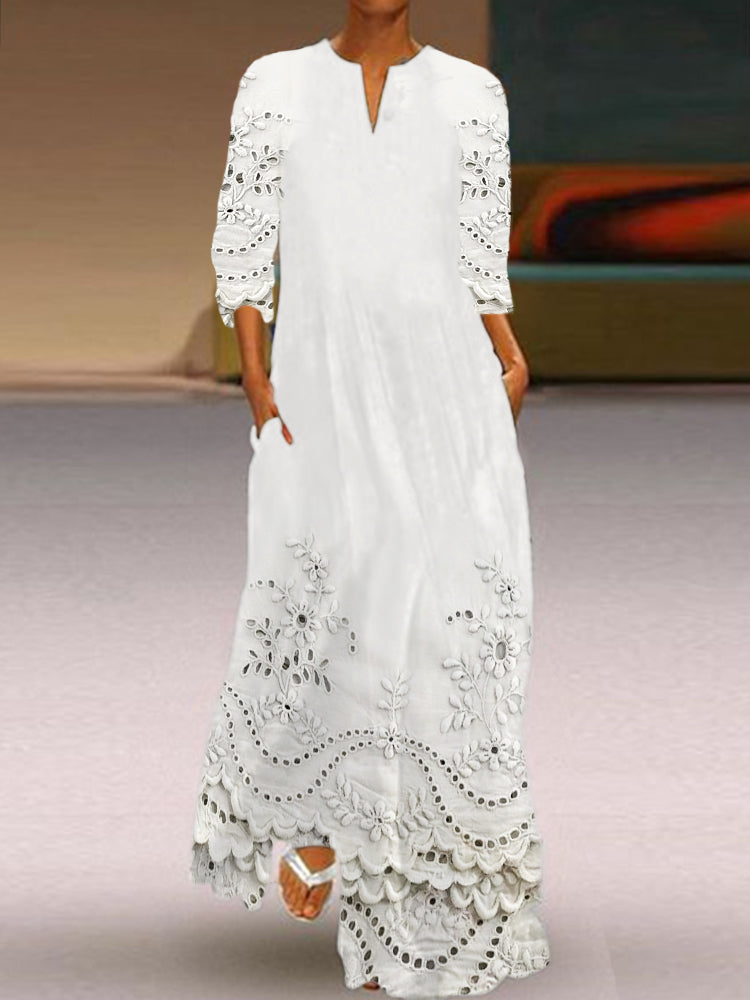 Cottage Floral Embroidered Lace Hem Flowy Maxi Dress
