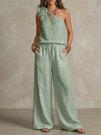 3d Floral One-shoulder Sleeveless Top And Pants Set