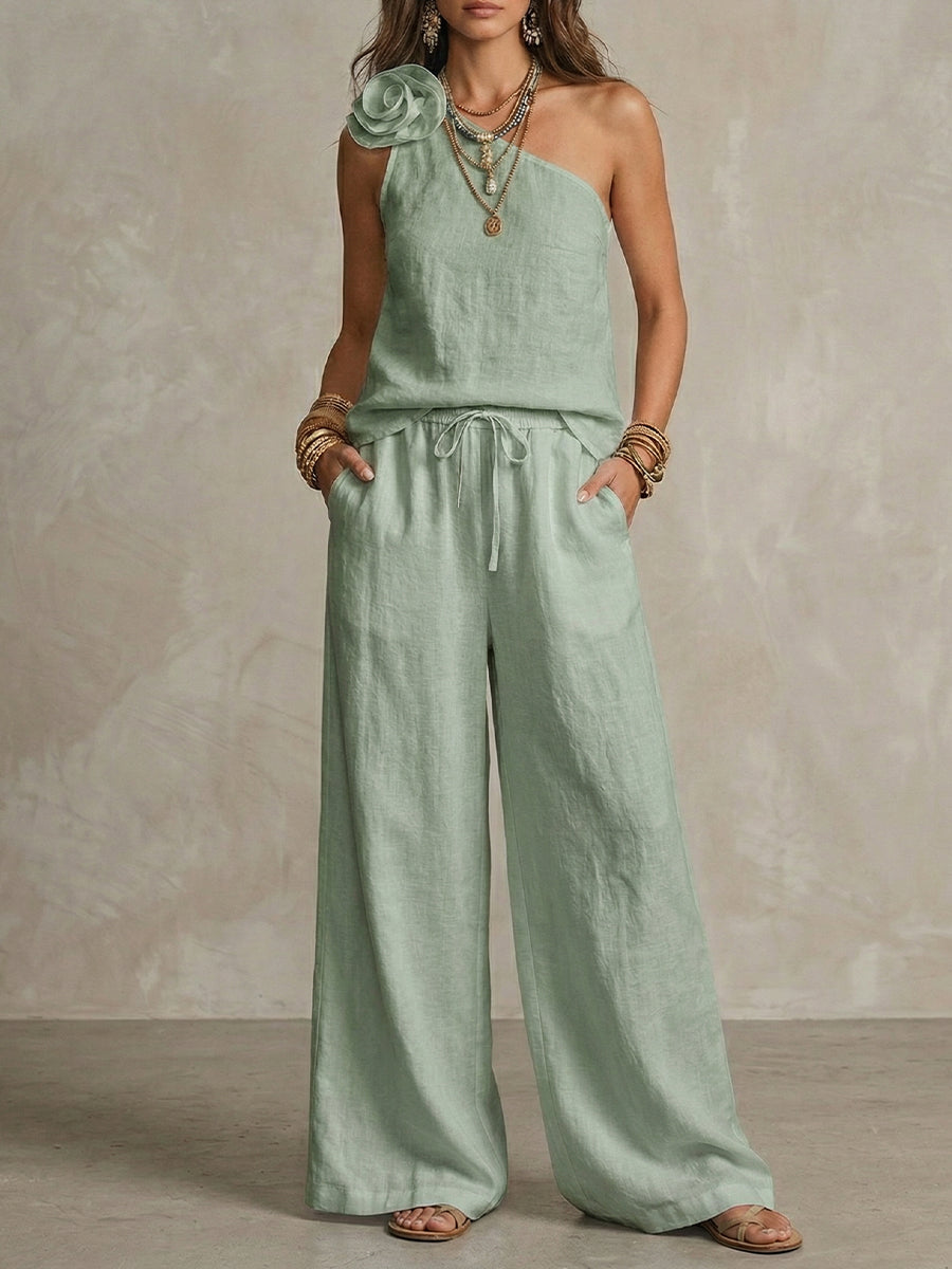 3d Floral One-shoulder Sleeveless Top And Pants Set