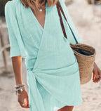 Casual Linen Cross Style V-neck Short-sleeved Dress
