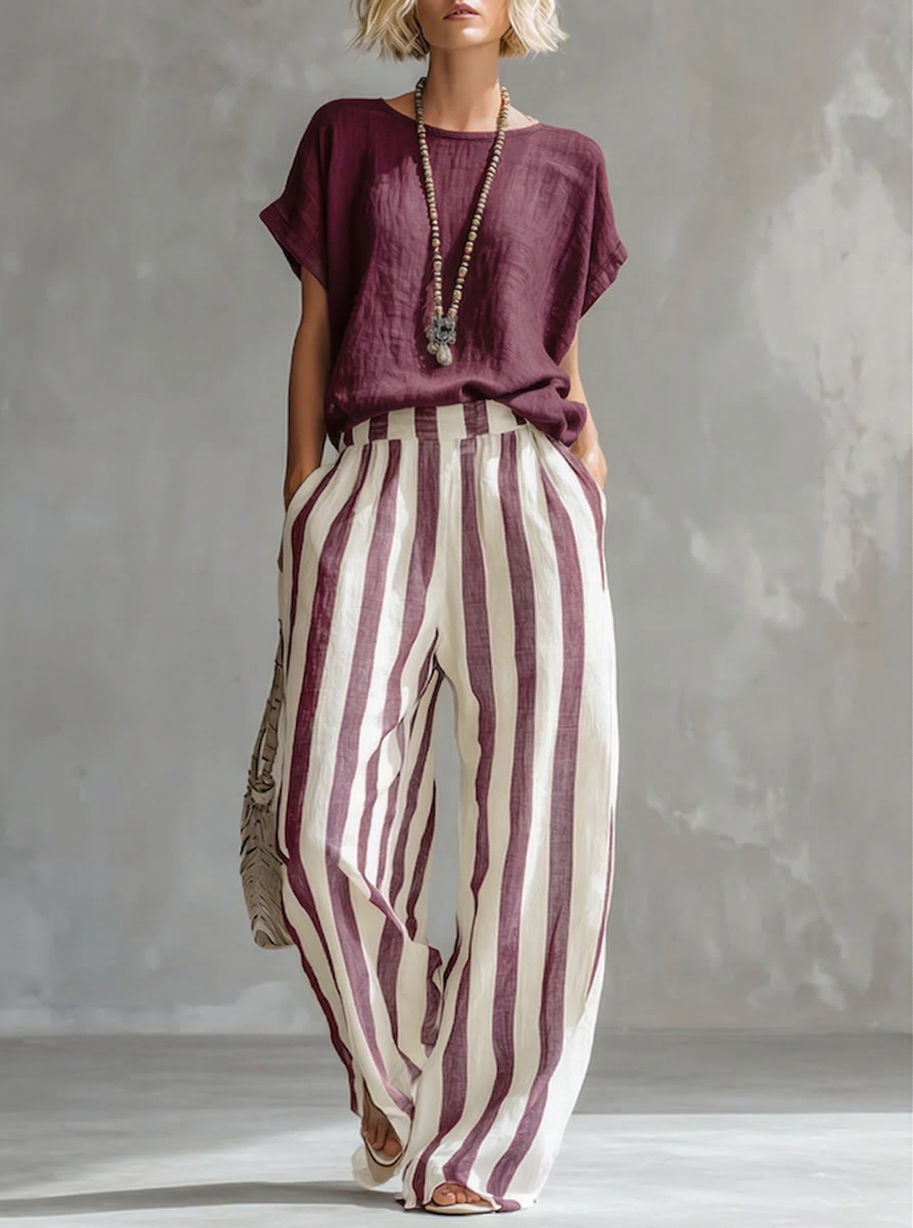 Cozy Loose-fit Striped Cotton-linen Two-piece Set