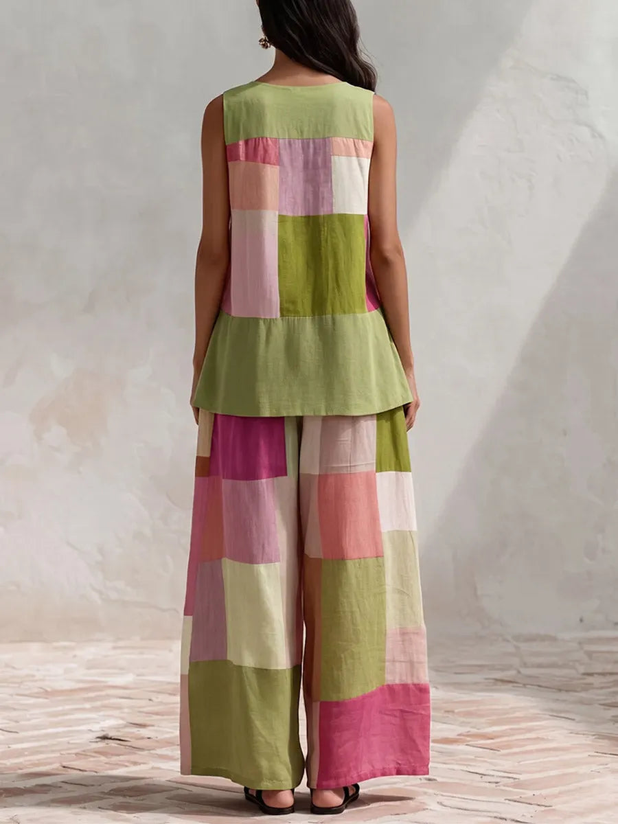 Women's Geometric Print Cotton-linen Set: Crew Neck Sleeveless Loose-fit Top & High-waisted Loose-fit Wide-leg Pants