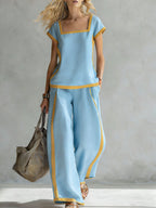Women's Square Neck Short Sleeve Casual Loose Top High Waist Casual Loose Wide Leg Pants Cotton Linen Set