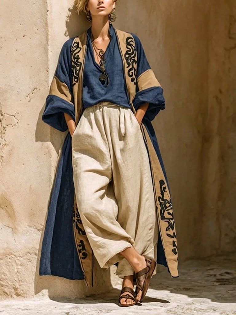 Bohemian Three-piece Set: Ethnic-print Cotton-linen Long Cardigan, Sleeveless Top, And Trousers