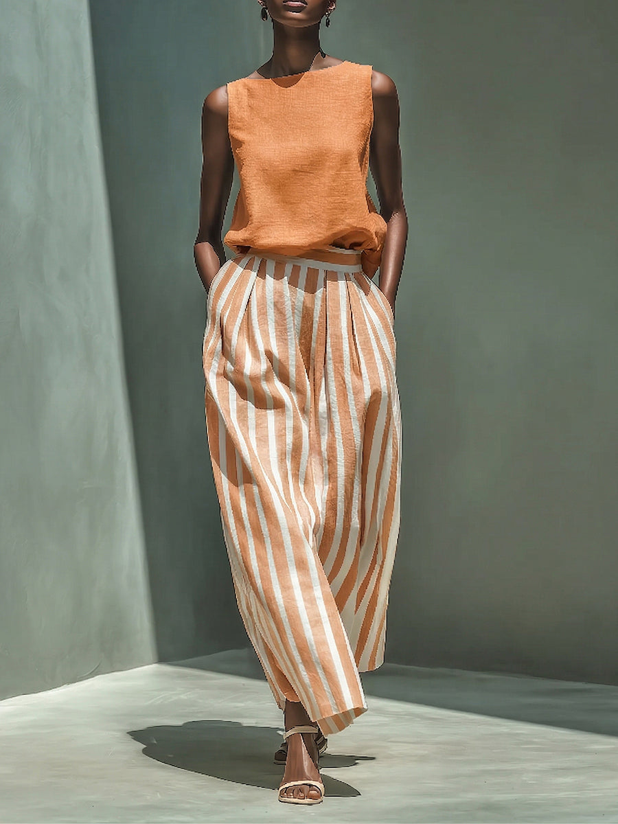 Elegant Boat-neck Shirt And Striped Wide-leg Pants Cotton-linen Set