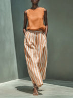 Elegant Boat-neck Shirt And Striped Wide-leg Pants Cotton-linen Set