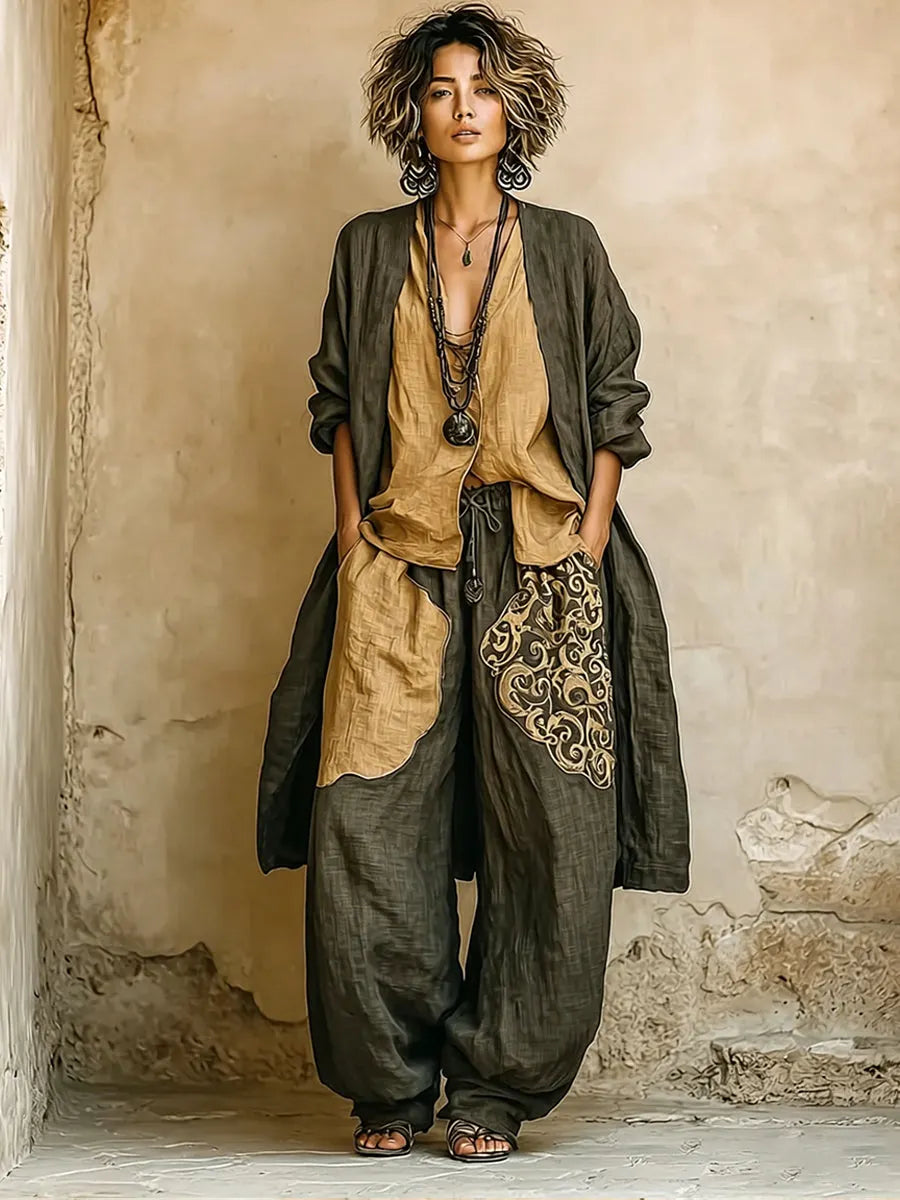 Bohemian Three-piece Set: Ethnic-print Cotton-linen Long Cardigan, Sleeveless Top, And Trousers