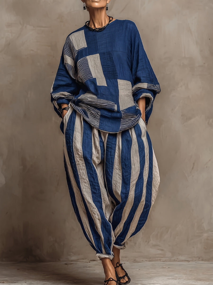 Artistic Stripe Print Cotton-linen Two-piece Set
