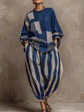 Artistic Stripe Print Cotton-linen Two-piece Set