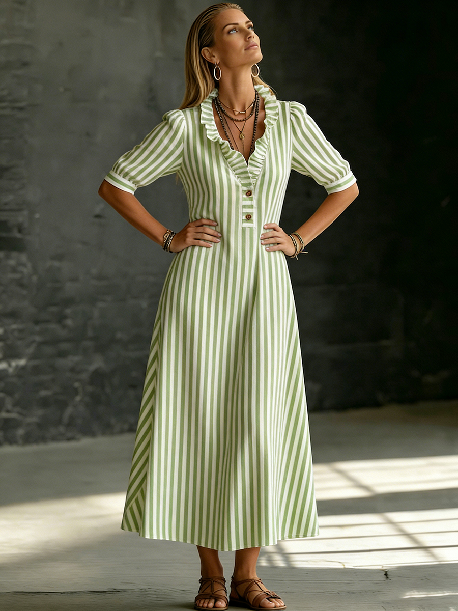 Elegant Ruffled-collar Striped Cotton-linen Dress