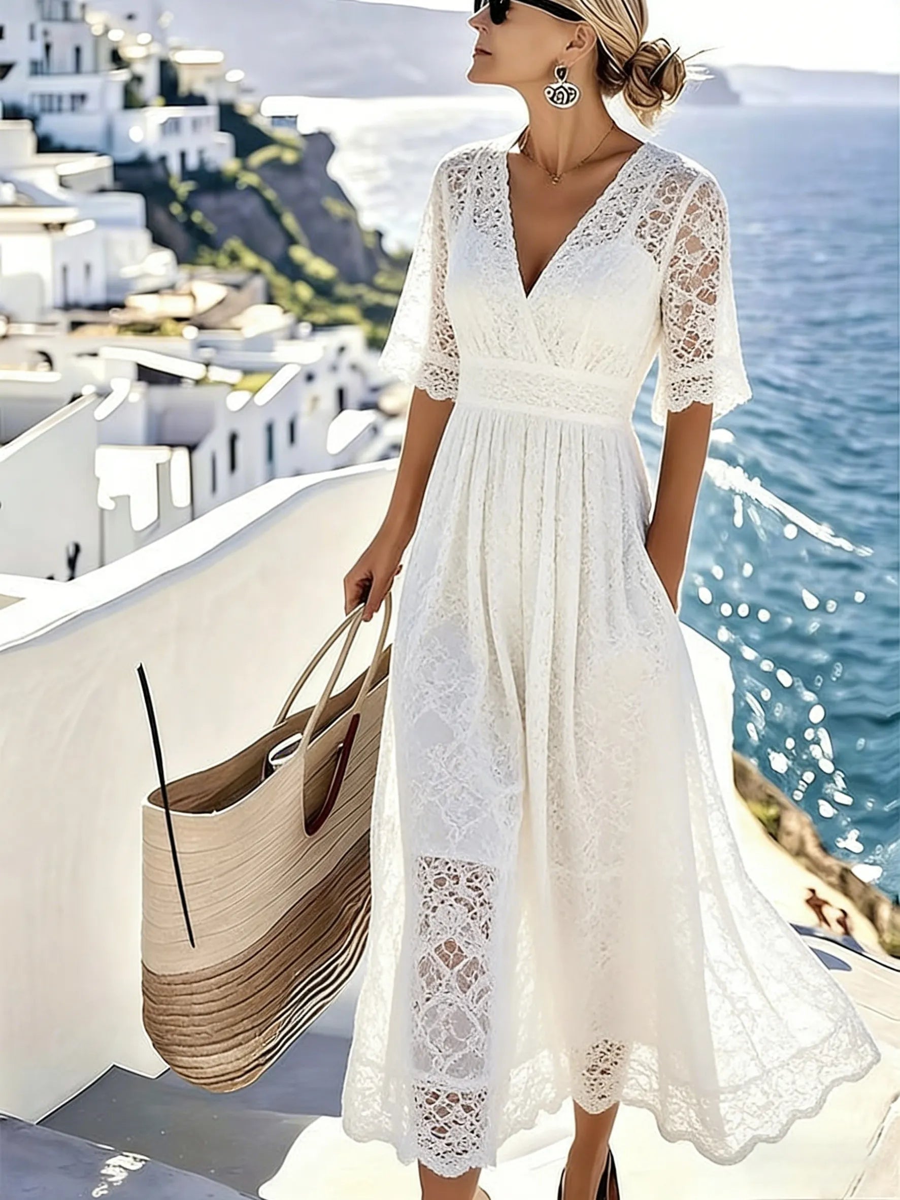 Women's White Lace V-Neck Elegant Dress