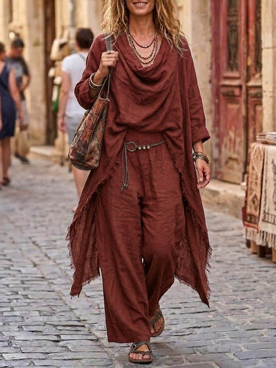Women's Cowl-neck Long-sleeve Top And High-waisted Loose Wide-leg Pants Cotton-linen Set