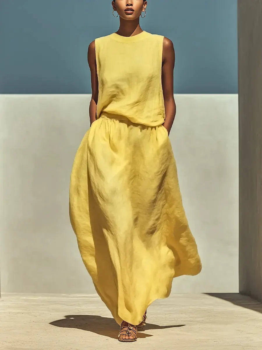 Women's Simple Vacation Style Sleeveless Top And Skirt Set
