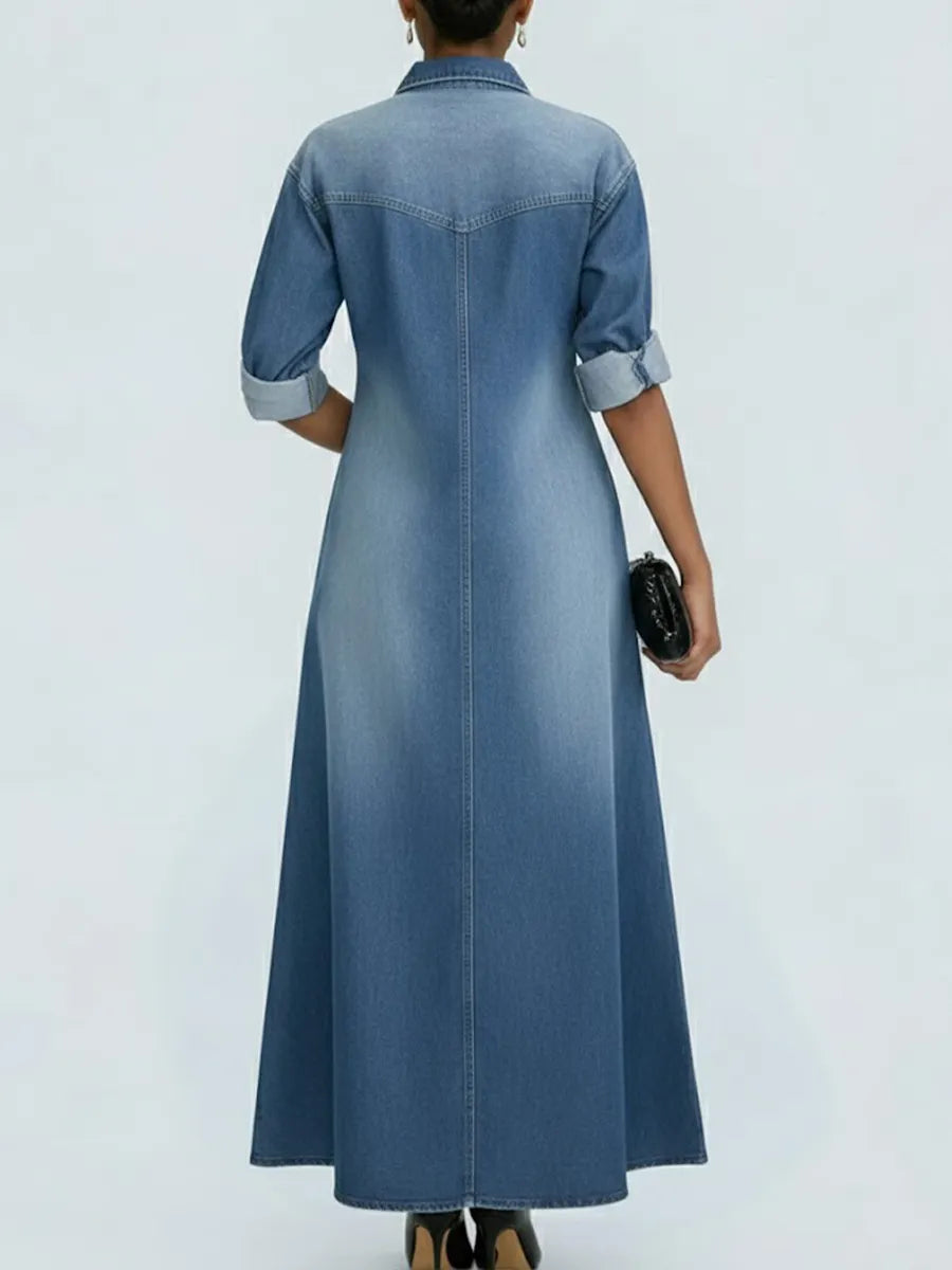 Women's Lapel Long-sleeved Casual Loose Denim Shirt Dress