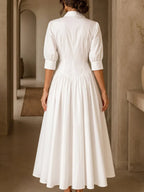 Women's Solid-color A-line Dress â€” Lapel Collar 3/4 Sleeves Loose-fit Cotton-linen Blend