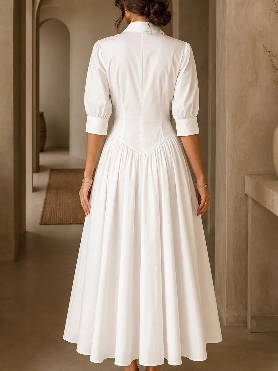 Women's Solid-color A-line Dress â€” Lapel Collar 3/4 Sleeves Loose-fit Cotton-linen Blend
