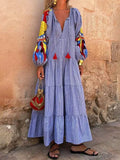 Women's Retro Striped Art Long Sleeve Casual Vacation Maxi Dress