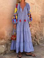 Women's Retro Striped Art Long Sleeve Casual Vacation Maxi Dress