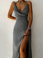 Women's Solid Color Spaghetti Strap V-neck Slit Dress