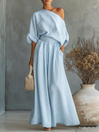 Elegant Off-the-shoulder Shirt And Wide-leg Pants Two-piece Set