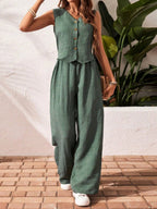 Women's Linen V-neck Front Button Vest And Pants Set