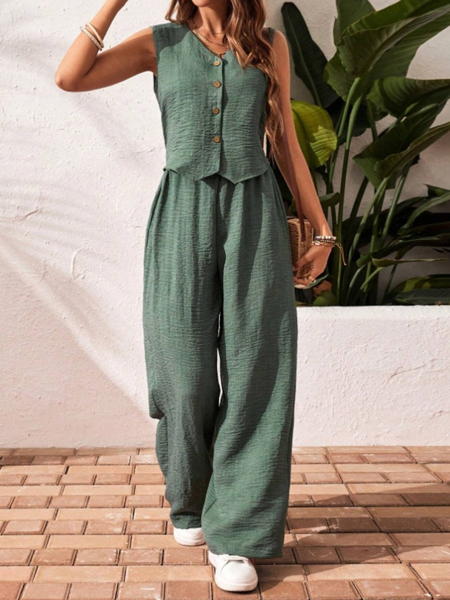 Women's Linen V-neck Front Button Vest And Pants Set