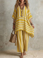Casual Loose Striped Cotton And Linen Top And Pants Two-piece Set