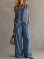 Women's Sleeveless Line-decorated Shirt And Wide-leg Pants Set