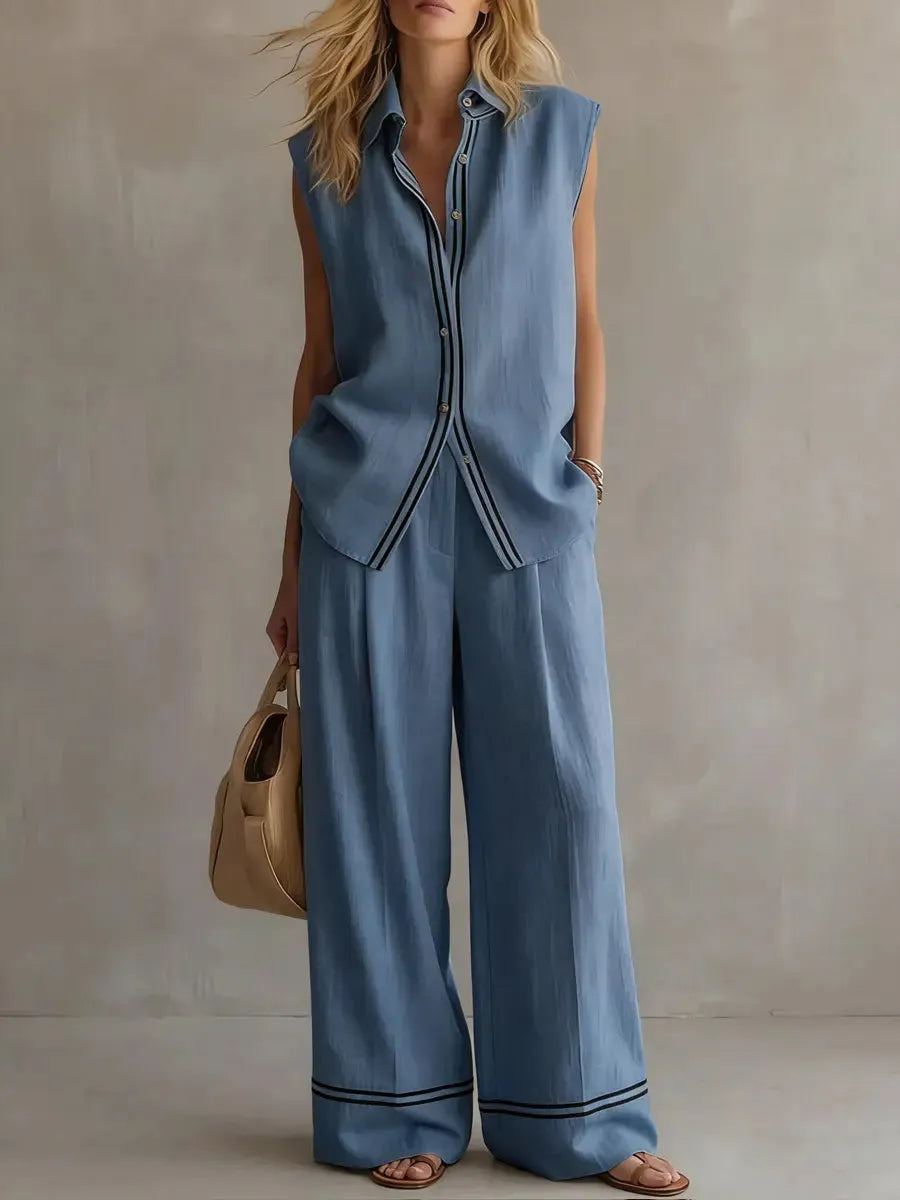 Women's Sleeveless Line-decorated Shirt And Wide-leg Pants Set