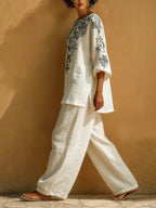 Vintage Floral Print Loose Cotton And Linen Two-piece Set