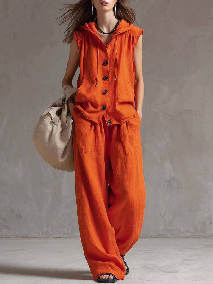 Women's Solid Color Sleeveless Casual Loose Hooded Top and High-Waisted Wide-Leg Cotton Set