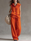 Women's Solid Color Sleeveless Casual Loose Hooded Top and High-Waisted Wide-Leg Cotton Set