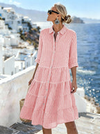 Women'S Casual Striped Color-Block Cotton And Linen Dress