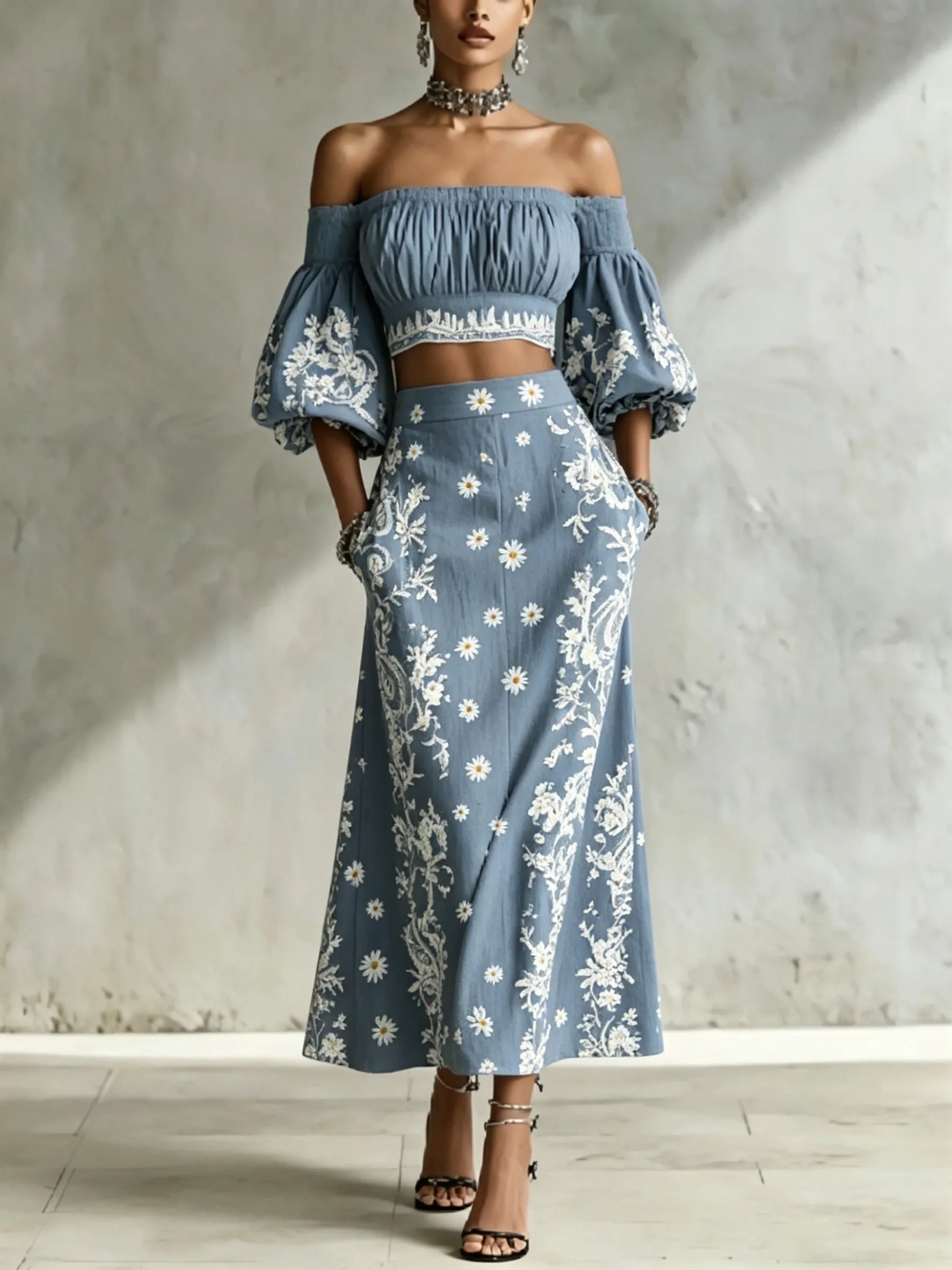 Women's Two-piece Set: Off-shoulder Puff-sleeve Crop Top & High-waisted Embroidered Print Skirt