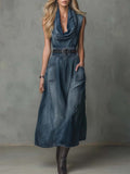 Women's Sleeveless Casual Loose Denim Dress With A Ruffled Neckline