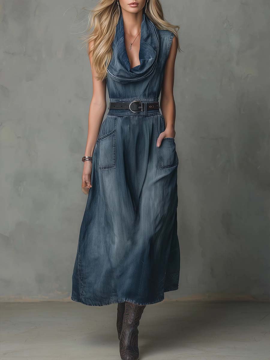 Women's Sleeveless Casual Loose Denim Dress With A Ruffled Neckline