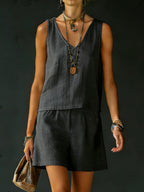 Classic Casual Sleeveless Linen Cotton Top And Shorts Two-piece Set