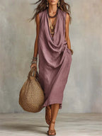 Women's Solid Color Swing Collar Art Stylish Cotton Linen Casual Dress